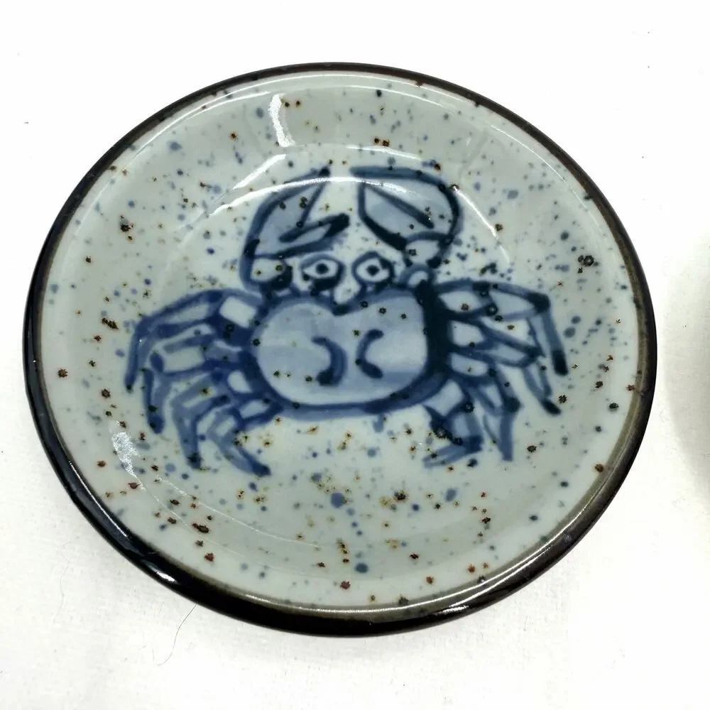 Ceramic Sushi Soy Sauce Dish Hand Painted Crab Design Blue Speckled 3.5